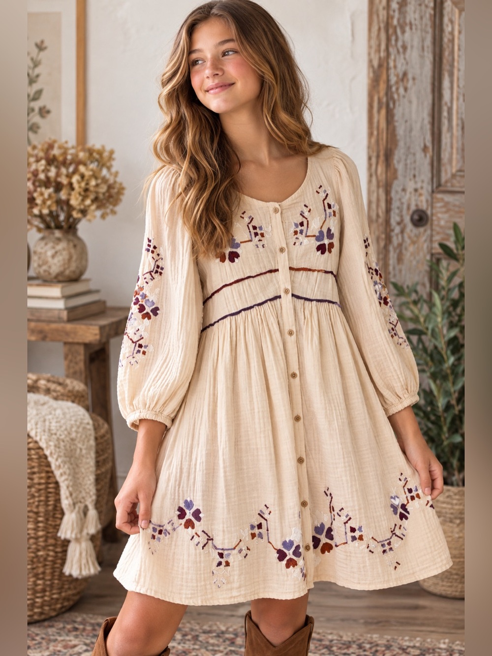 Zara Girls 13-14 164 Boho Embroidered Gauze Dress Cream Cottagecore Prairie
